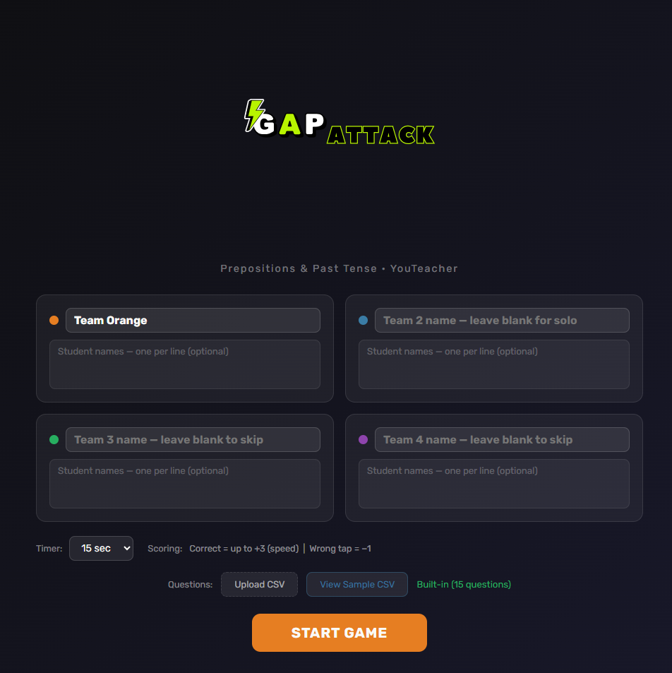 Gap Attack ESL grammar game screenshot